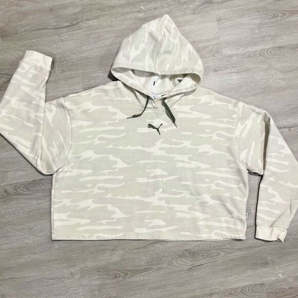 Puma Camo Cropped Hoodie Sweatshirt Sz Large Tan Cream Camouflage Khaki - Picture 7 of 16